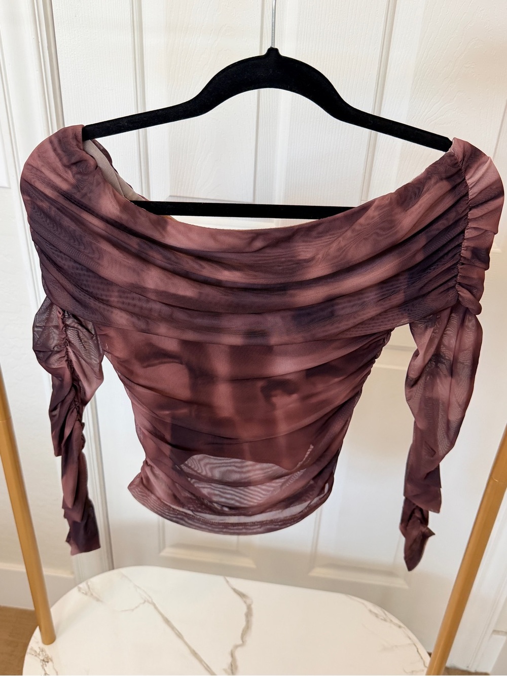 Bronze Snake Sheer Off-Shoulder Ruched Long-Sleeve Top - Plum